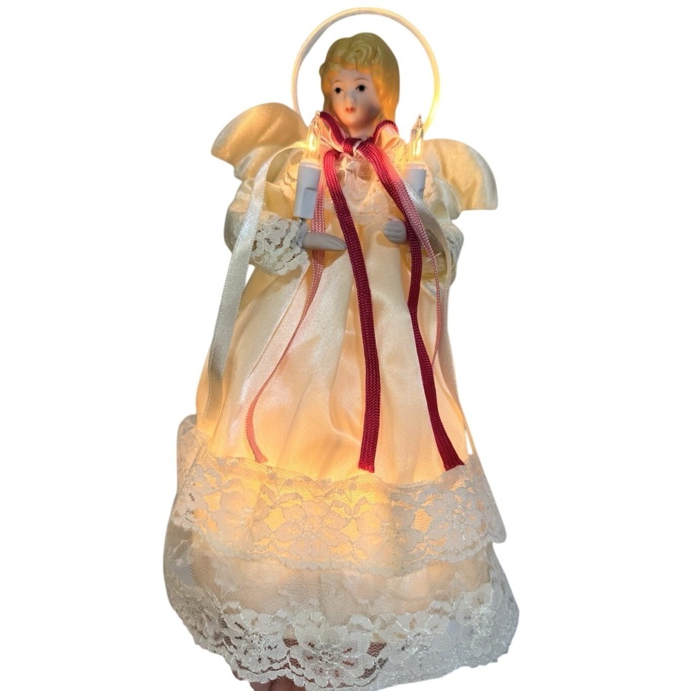 Vintage Lighted Angel Christmas Tree Topper Cream Lace Gold Halo 10 Light